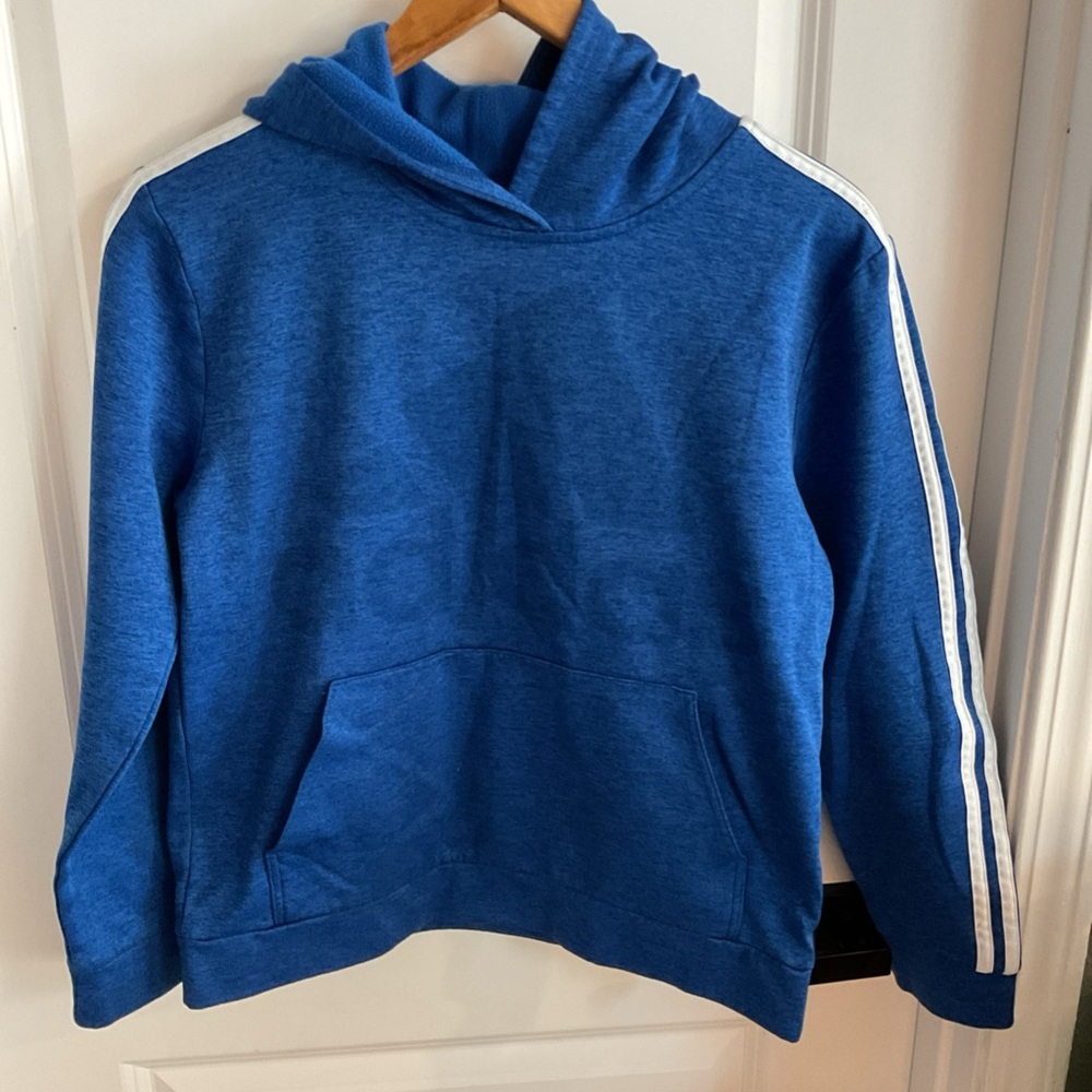 Adidas - Blue Hoodie with White Stripes - Boys Size Medium 10-12
